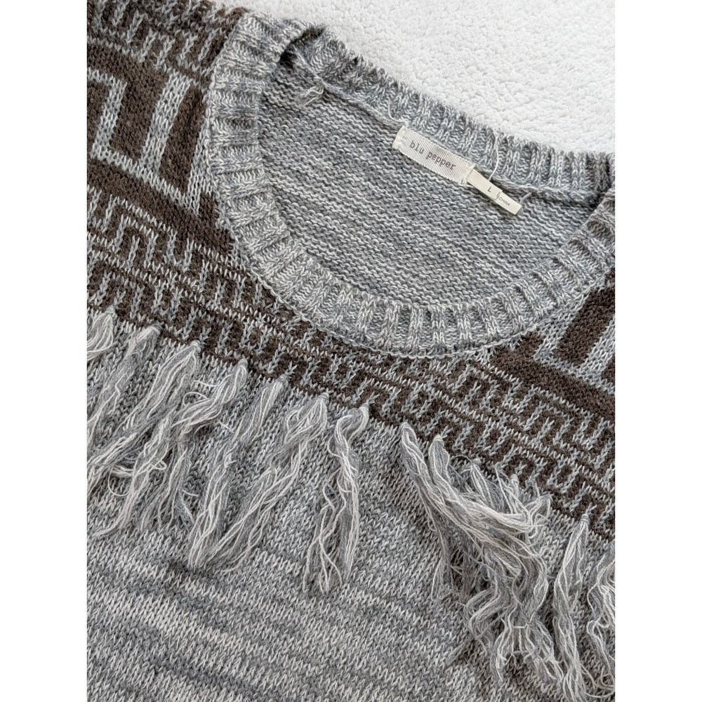 Blu Pepper Womens Grey Brown Geometric Fringe Knit Sweater BA3781 Large